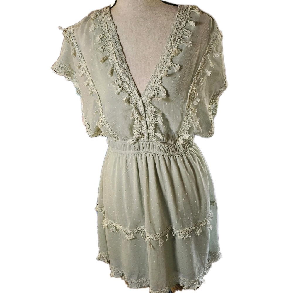 Sage Green Romantic Boho Deep V-neck W/Tassels &Fringe Trim Women's Dress SZ M
